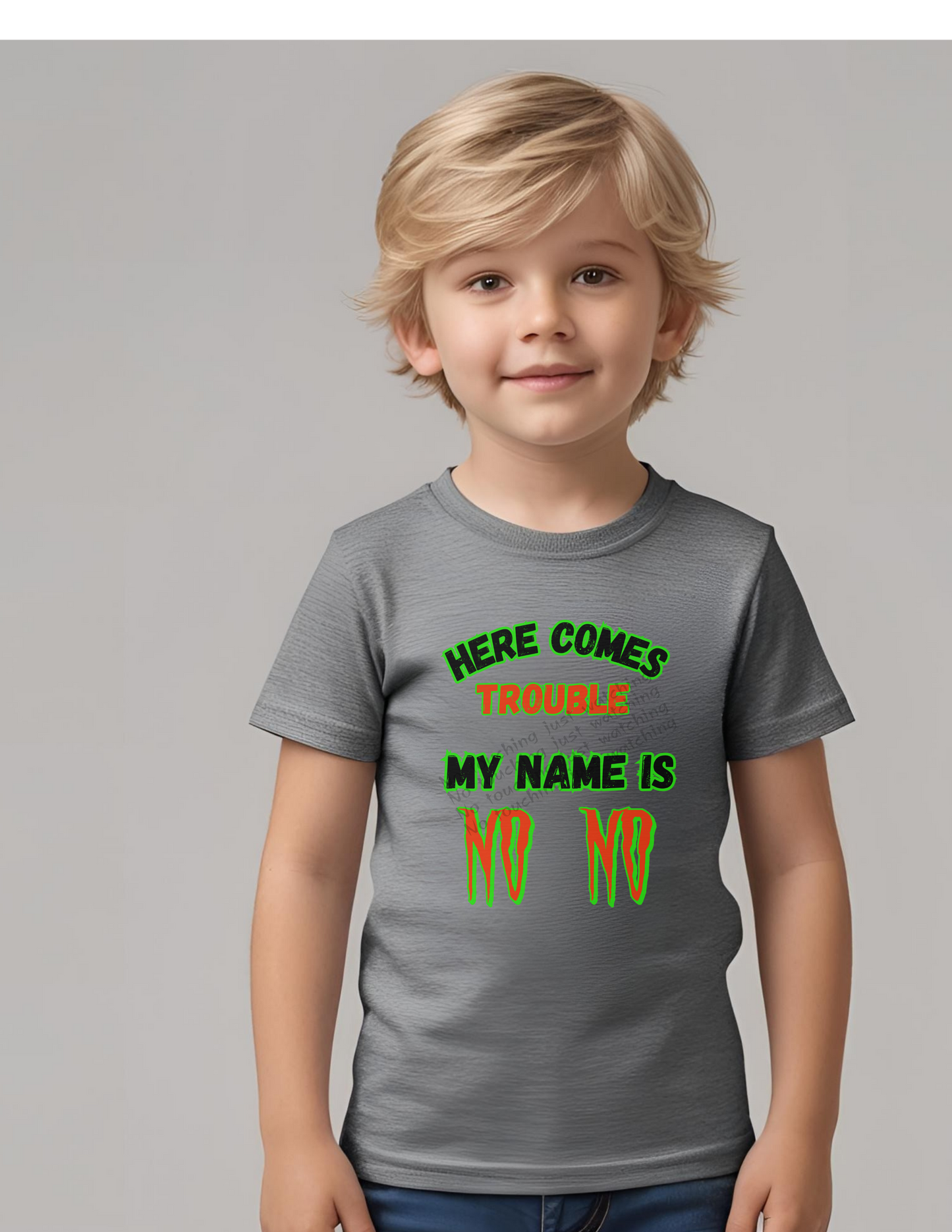 Toddler T-shirt Unisex white 100 % "Here comes Trouble"