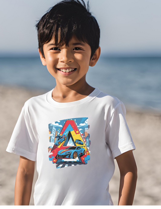 Alphabet Letter A – Boy Toddler T-Shirt | White Crewneck Short Sleeve
