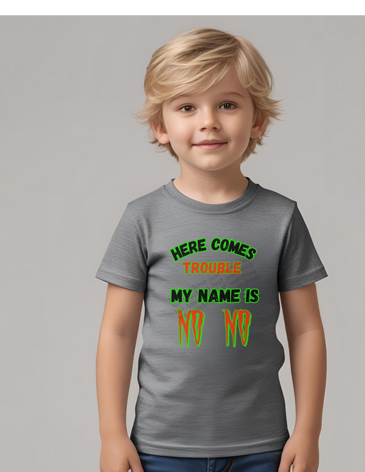 Toddler T-shirt Unisex white 100 % "Here comes Trouble"